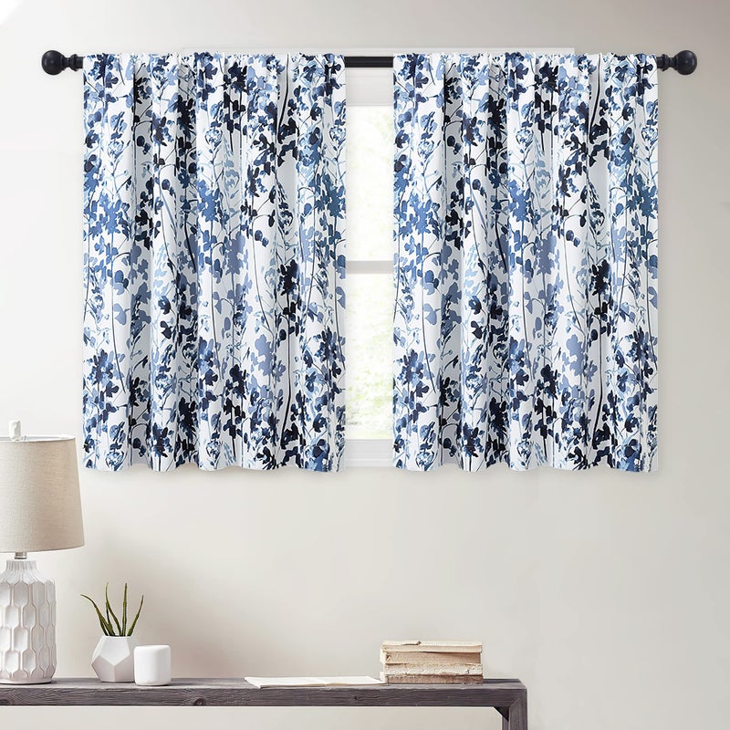 KGORGE Kitchen Curtains Tiers Set - Blackout Watercolor Botanical Print Curtains Half Window Drapes for RV Camper Farmhouse Dining Small Window, 2 Panels, W 52 x L 36 inches, Blue - Image 1